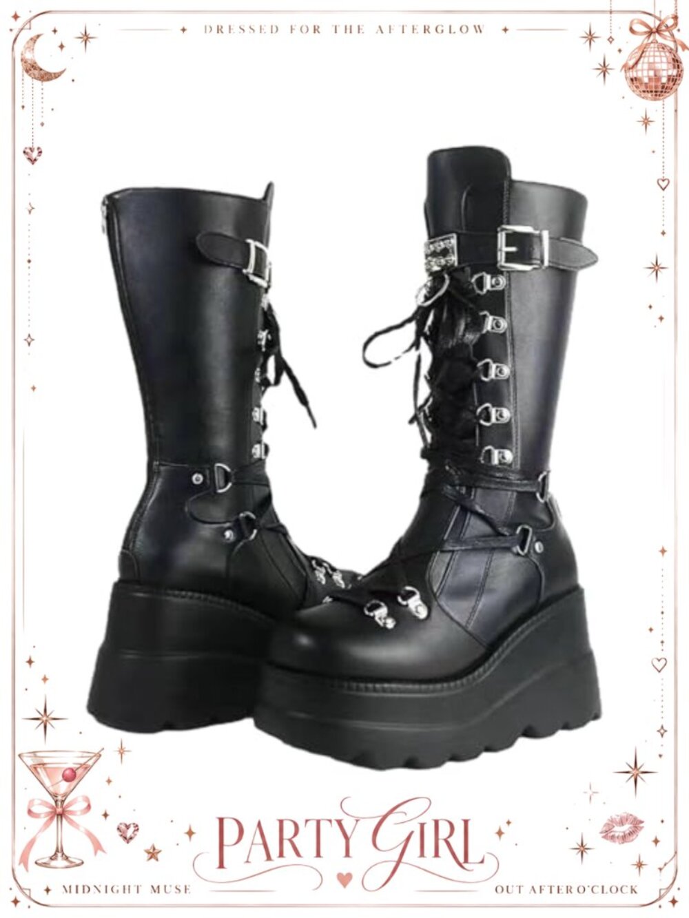 Women's Platform Combat Boots Chunky Wedge Heel Lace-Up Mid Calf